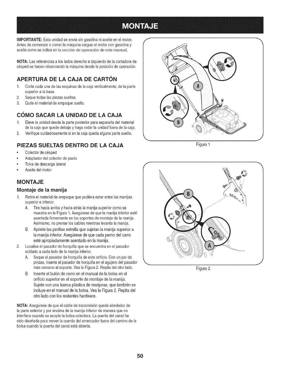 Apertura de la caja de cartón, Cómo sacar la unidad de la caja, Piezas sueltas dentro de la caja | Montaje, Montaje de la manija, Montaje montaje de la manija | Craftsman 247.887760 User Manual | Page 50 / 68