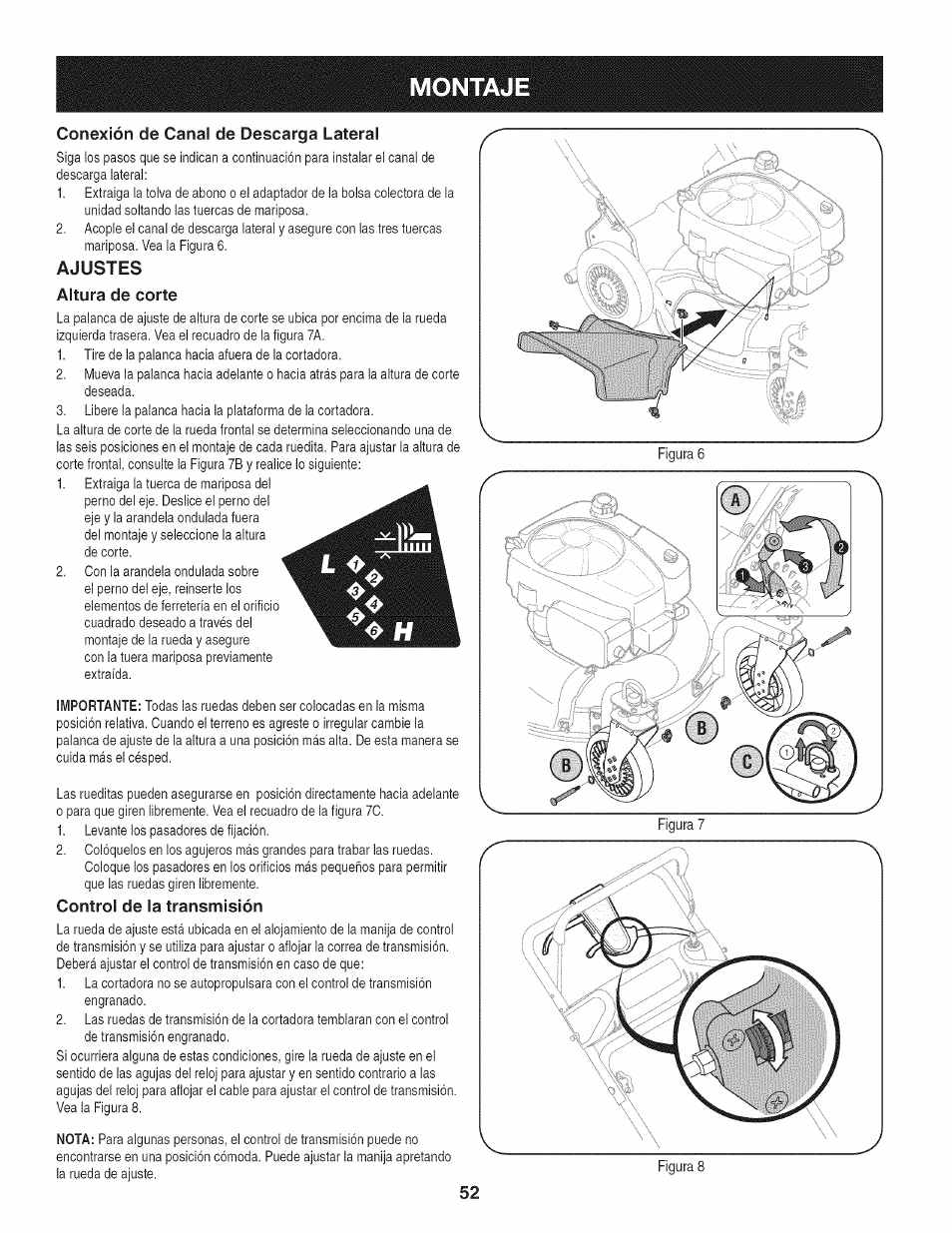 Conexión de canal de descarga lateral, Ajustes altura de corte, Control de la transmisión | Craftsman 247.887760 User Manual | Page 52 / 68