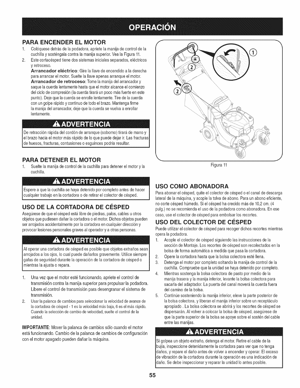 Para detener el motor, Uso de la cortadora de cesped, Uso como abonadora | Uso del colector de césped, Aadvertencia, Operacion | Craftsman 247.887760 User Manual | Page 55 / 68