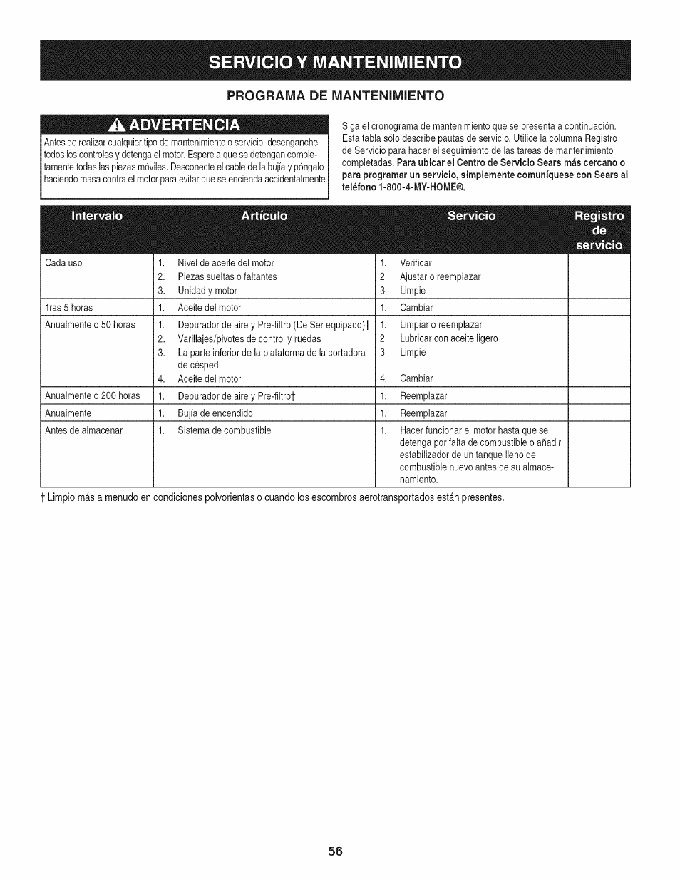 A advertencia, Servicio y mantenimient | Craftsman 247.887760 User Manual | Page 56 / 68