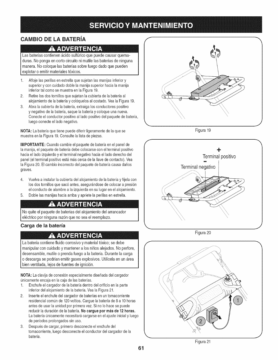 A advertencia, Carga de la batería, Servicio y mantenimiento | Advertencia | Craftsman 247.887760 User Manual | Page 61 / 68