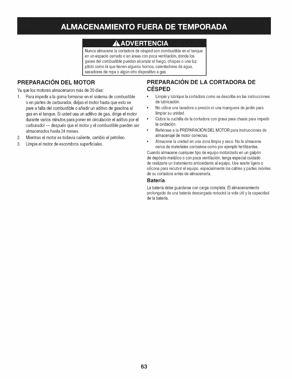 Aadvertencia, Preparacion del motor, Preparacion de la cortadora de césped | Batería, Almacenamiento fuera de temporad | Craftsman 247.887760 User Manual | Page 63 / 68