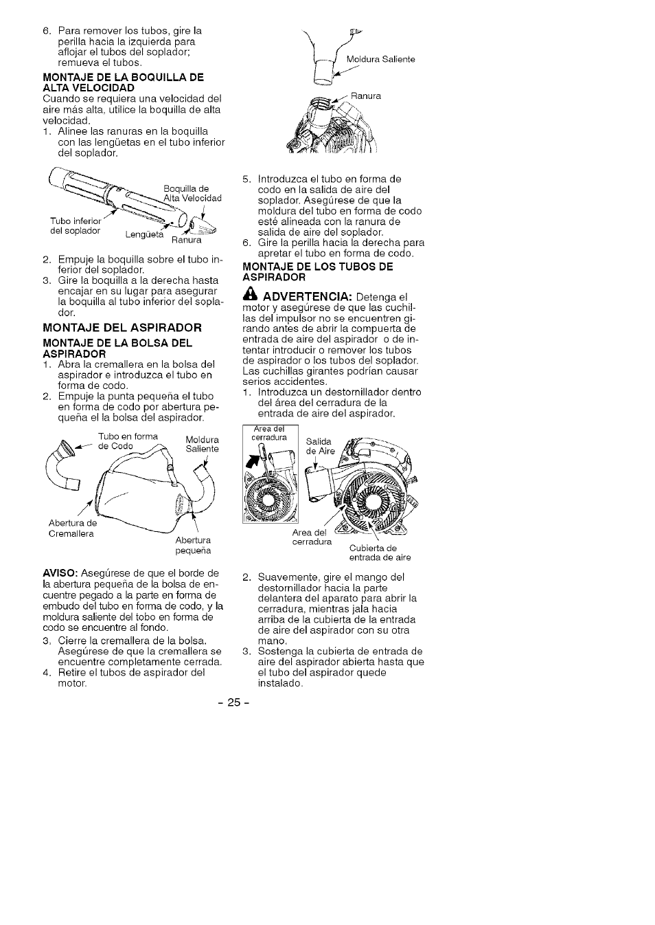 Montaje de la boquilla de alta velocidad, Montaje de la bolsa del, Aspirador | Montaje de los tubos de aspirador | Craftsman 358.794760 User Manual | Page 22 / 37