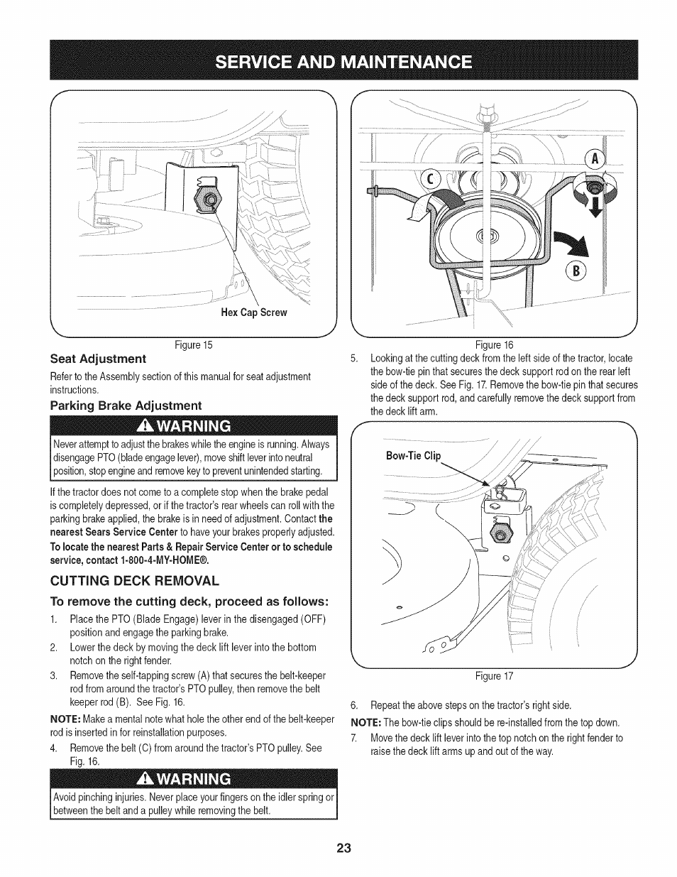 Parking brake adjustment, Awarning, Cutting deck removal | To remove the cutting deck, proceed as follows, Service and maintenance | Craftsman 247.28911 User Manual | Page 23 / 92