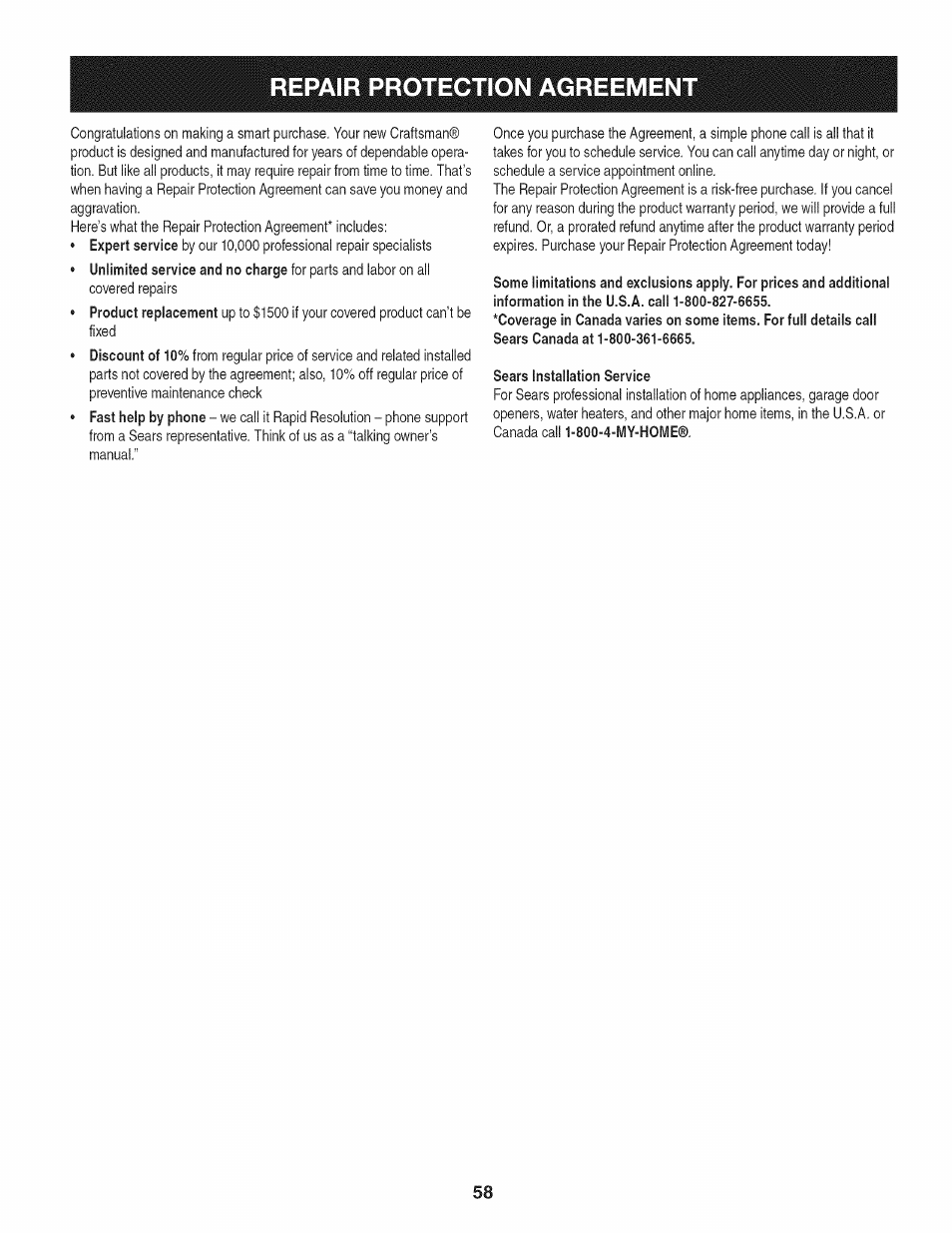 Repair protection agreement | Craftsman 247.28911 User Manual | Page 58 / 92