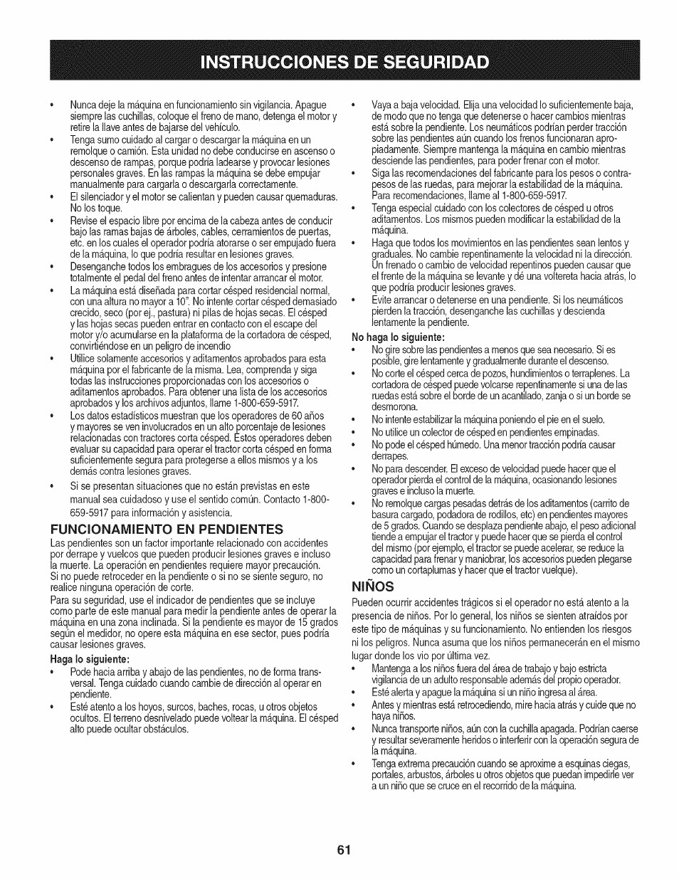 Funcionamiento en pendientes, Niños, Instrucciones de seguridad | Craftsman 247.28911 User Manual | Page 61 / 92