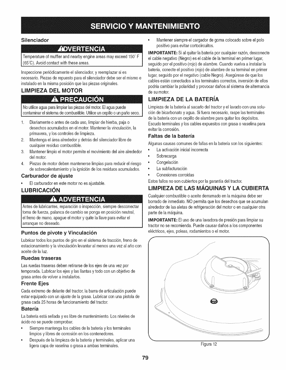 Silenciador, I^vertencia, Limpieza del motor | A precaución, Carburador de ajuste, Lubricación, A advertencia, Puntos de pivote y vinculación, Ruedas traseras, Frente ejes | Craftsman 247.28911 User Manual | Page 79 / 92
