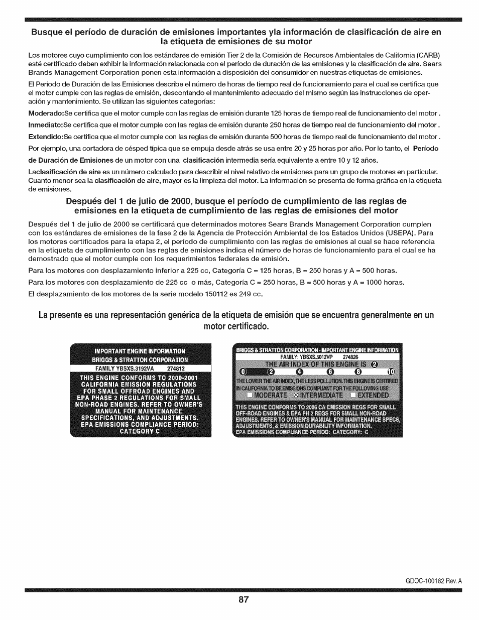 La etiqueta de emisiones de su motor, Motor certificado | Craftsman 247.28911 User Manual | Page 87 / 92