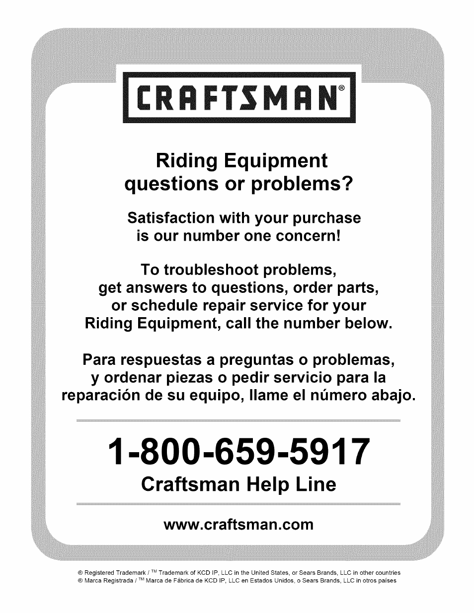 Crnftsmrn, Riding equipment questions or problems, Craftsman help line | Craftsman 247.28911 User Manual | Page 92 / 92