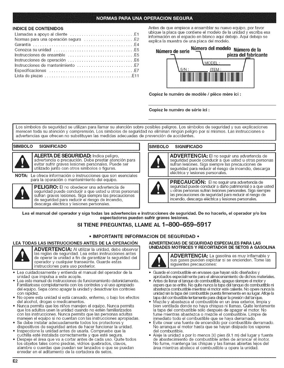 Número úe serie "“t™ n™“o de la, Pieza del fabricante, Si tiene preguntas, llame al 1-800-659-5917 | Craftsman 316.792490 User Manual | Page 10 / 20