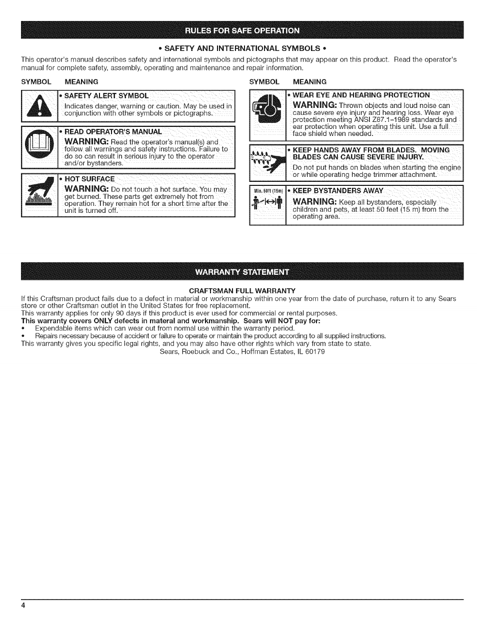 Warranty statement | Craftsman 316.792490 User Manual | Page 4 / 20