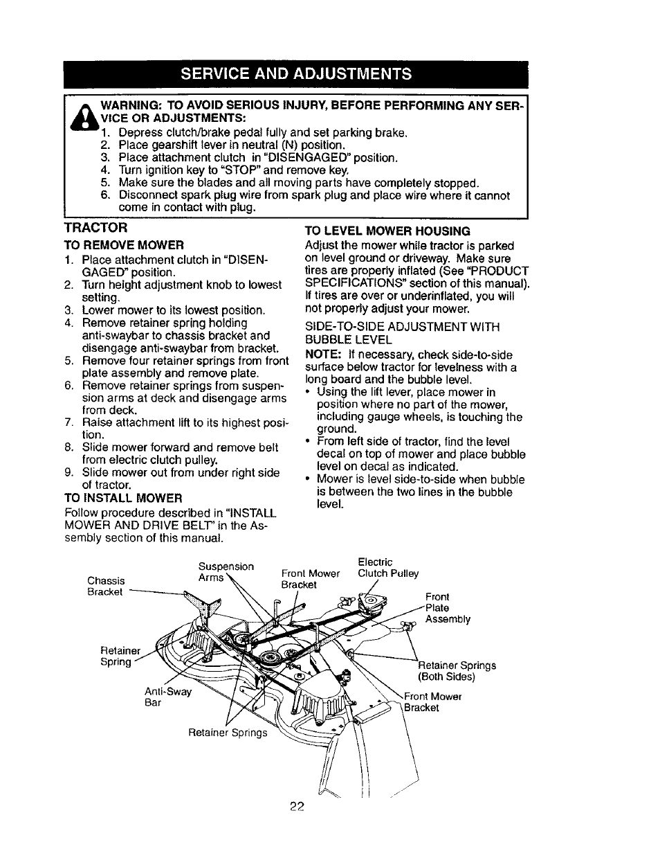 Service and adjustments, To remove mower, To install mower | To level mower housing | Craftsman 917.276030 User Manual | Page 22 / 64