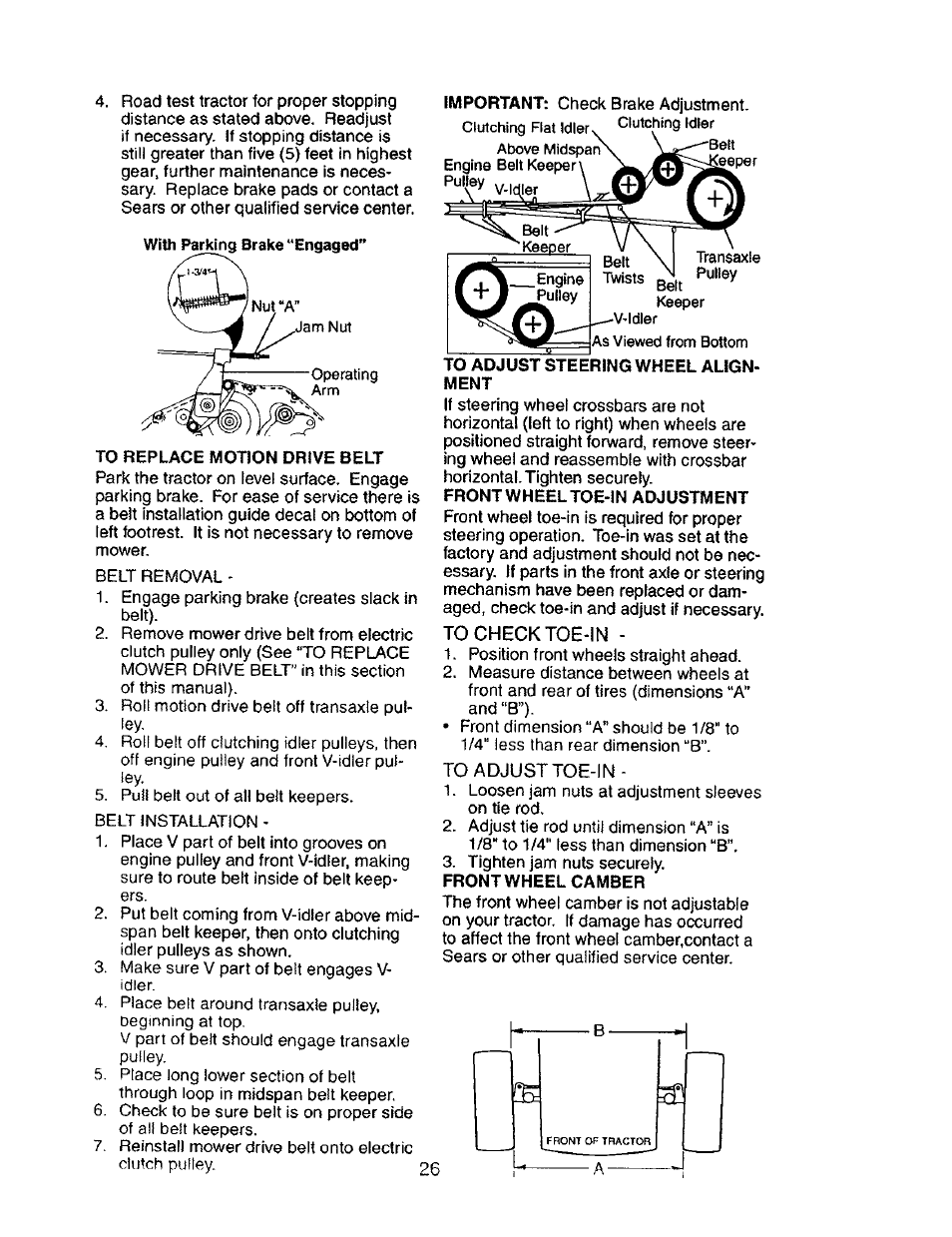 To adjust steering wheel alignment, Front wheel camber | Craftsman 917.276030 User Manual | Page 26 / 64