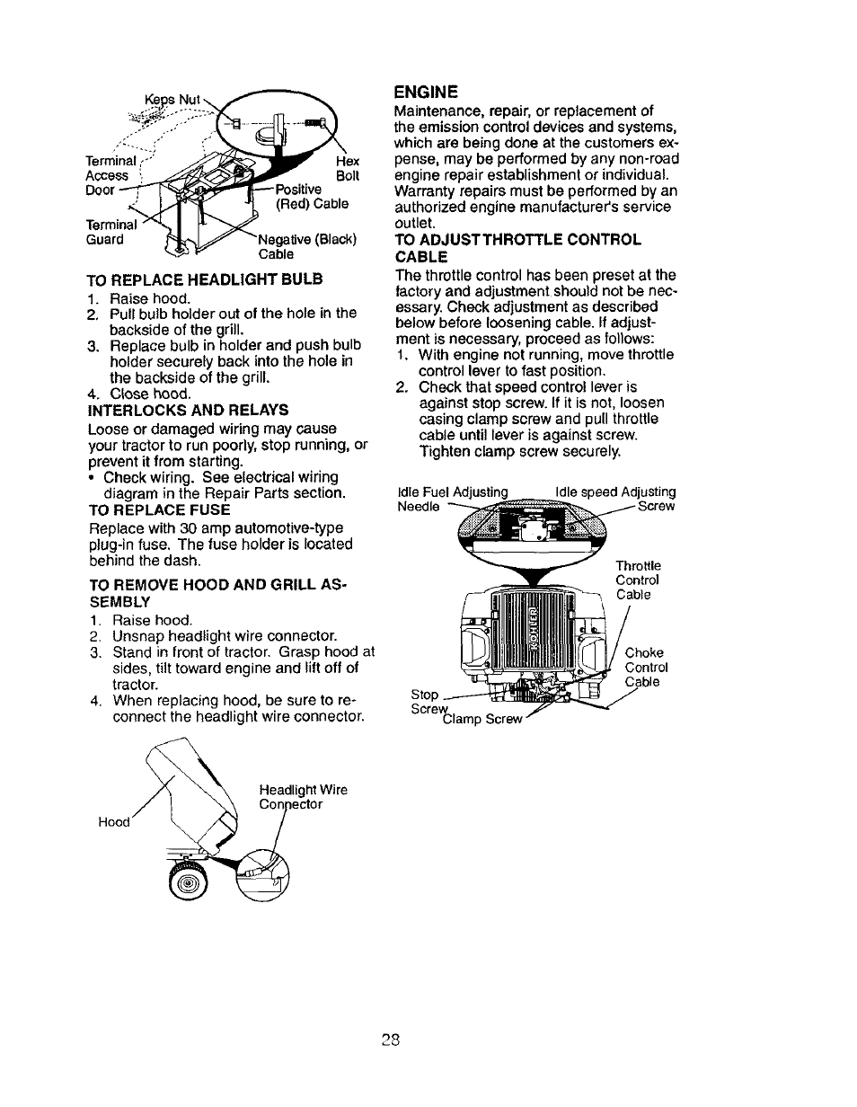 To replace headlight bulb, To remove hood and grill assembly, To adjustthrottle control cable | Craftsman 917.276030 User Manual | Page 28 / 64