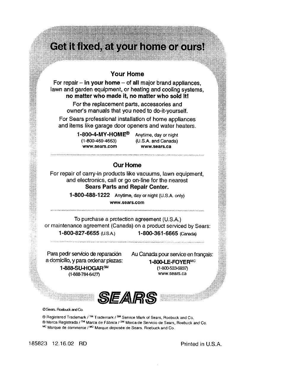 Get it fixed, at your home or ours, Your home | Craftsman 917.276030 User Manual | Page 64 / 64