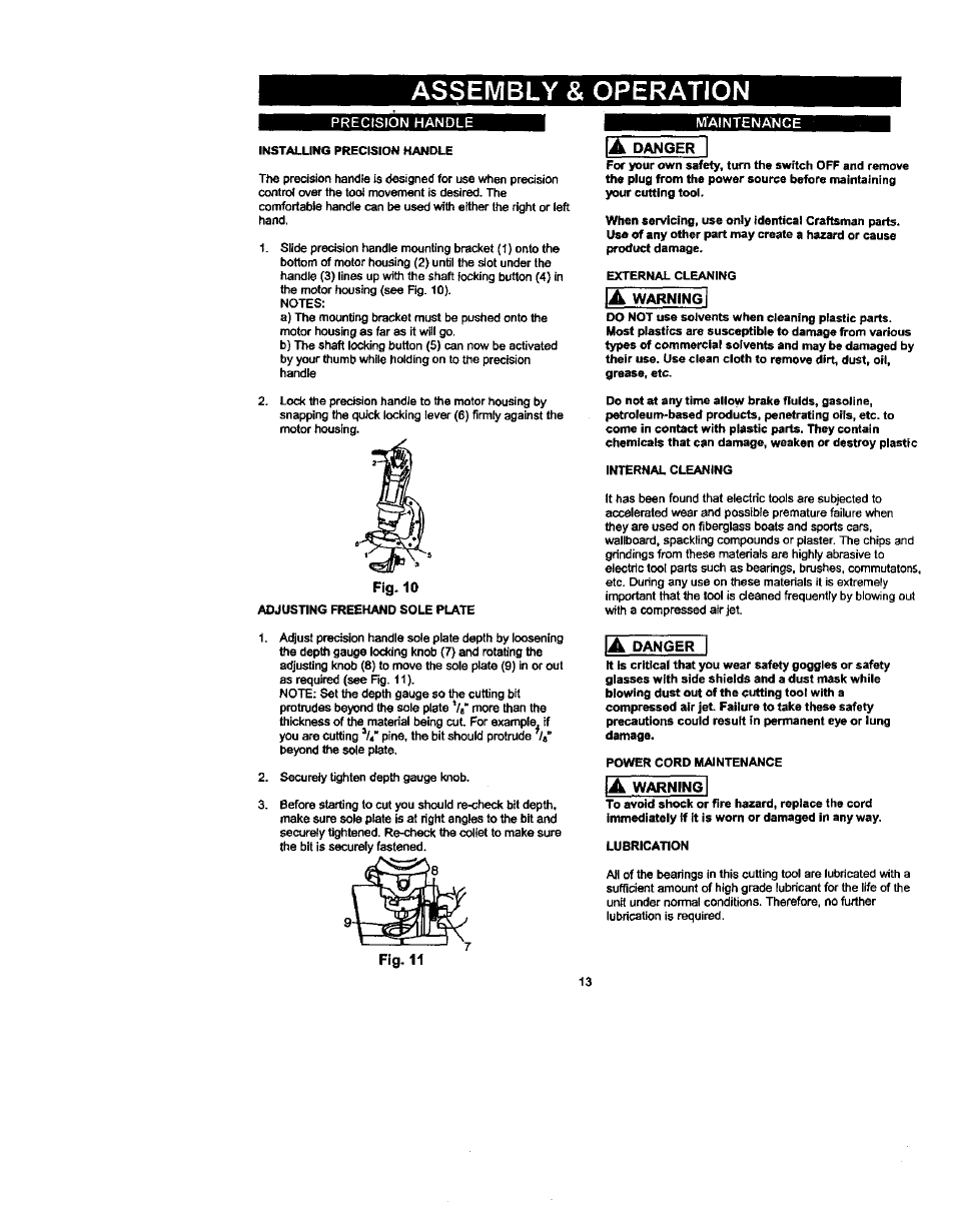 Assembly & operation, Fig. 10, Danger | Warning | Craftsman 183.172530 User Manual | Page 13 / 18