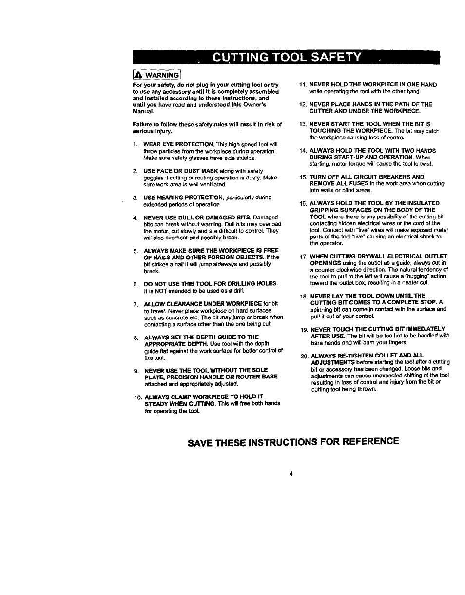 Save these instructions for reference, Cutting tool safety a, Warning | Craftsman 183.172530 User Manual | Page 4 / 18