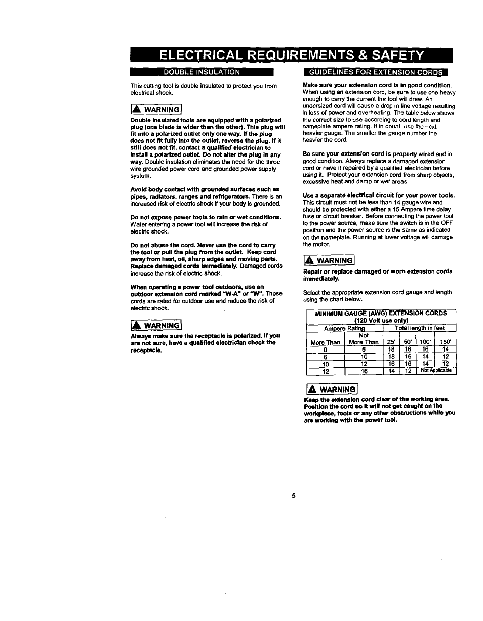 Electrical requirements & safety, Double insulation, Warning | Guidelines for extension cords, Warntng | Craftsman 183.172530 User Manual | Page 5 / 18