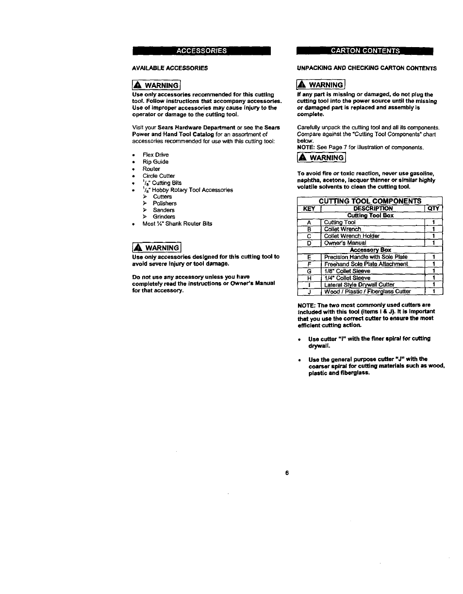 A warning, Accessories carton contents, Warning | Cutting tool components | Craftsman 183.172530 User Manual | Page 6 / 18