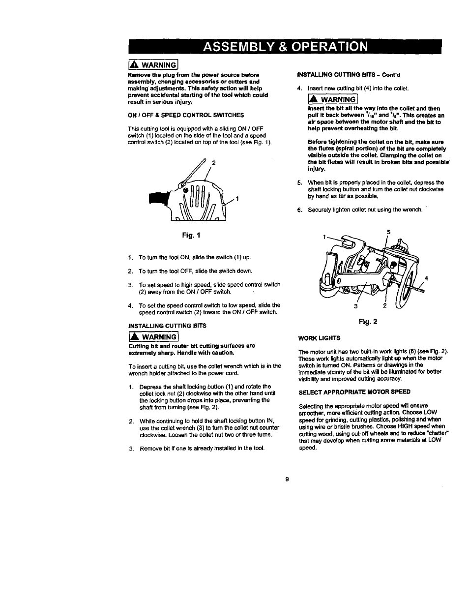 Fig, 1, Assembly & operation a, A warning | Fig. 2 | Craftsman 183.172530 User Manual | Page 9 / 18