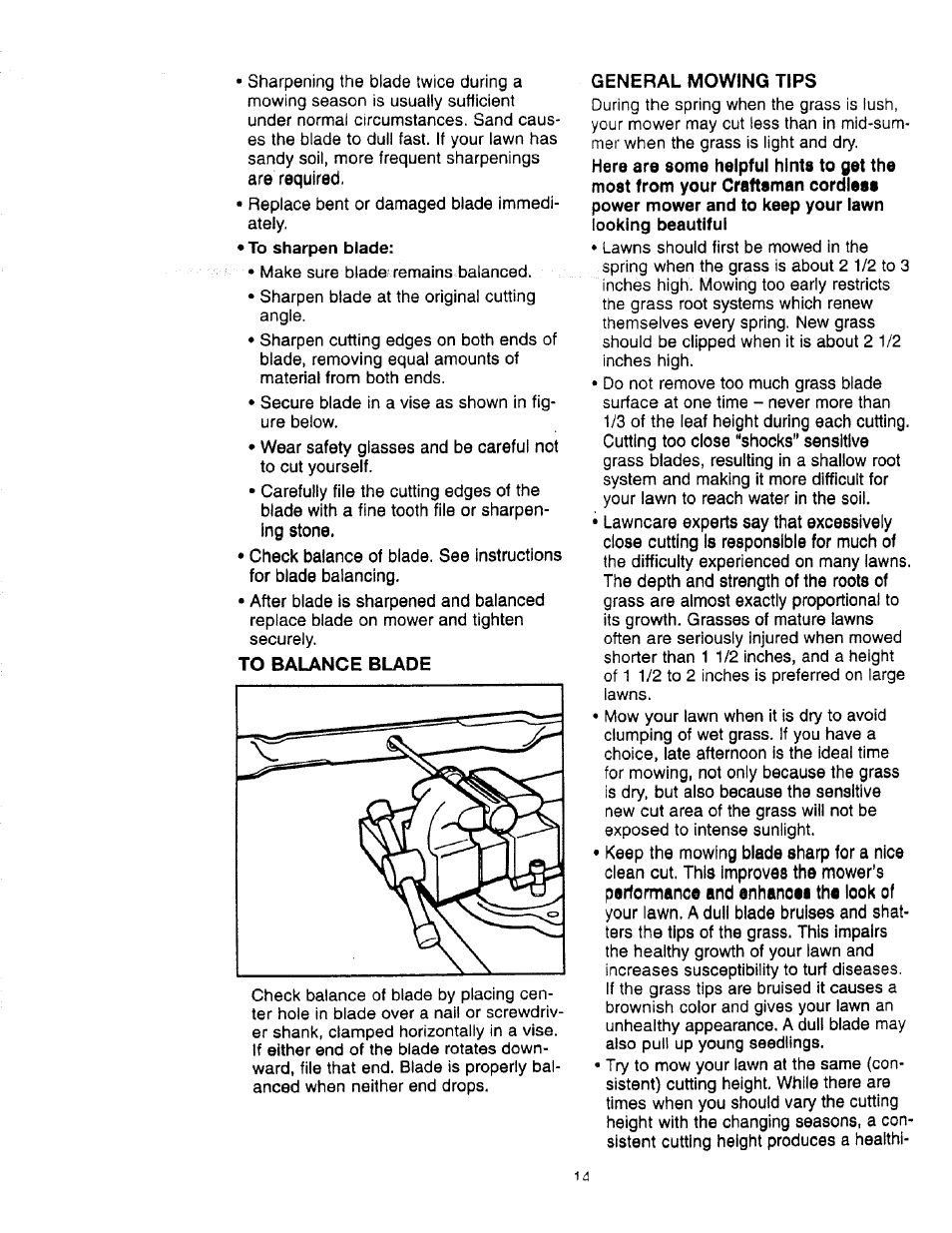 To balance blade, General mowing tips | Craftsman 900.370520 User Manual | Page 14 / 40