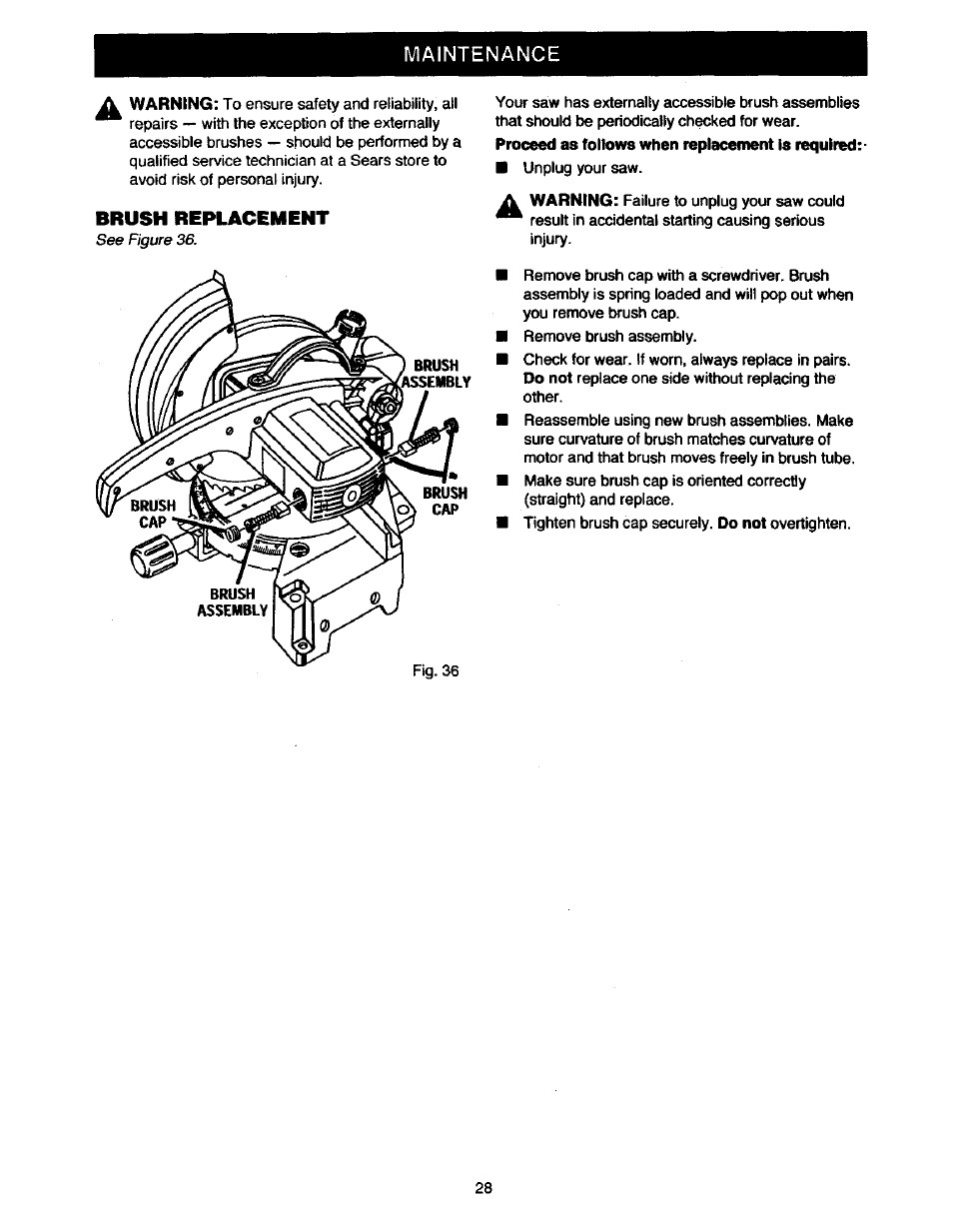 Brush replacement, Maintenance | Craftsman 315.235380 User Manual | Page 28 / 38