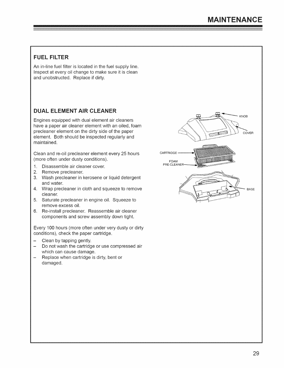 Fuel filter, Dual element air cleaner, Maintenance | Craftsman 127.28876 User Manual | Page 31 / 77