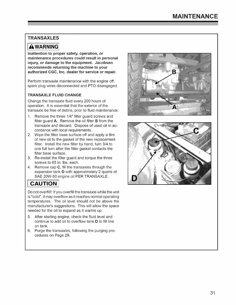 Transaxles, Caution, Maintenance | Craftsman 127.28876 User Manual | Page 33 / 77