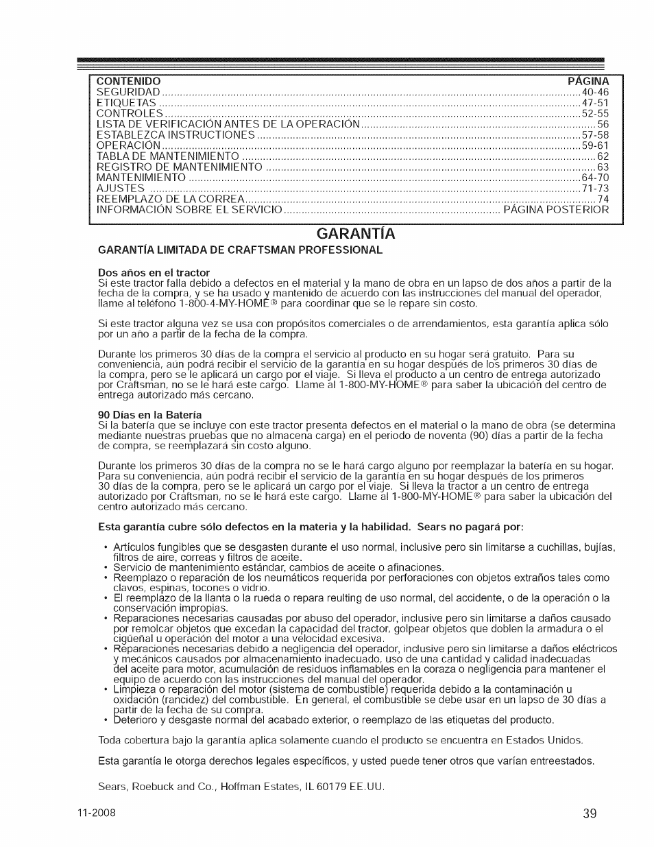 Garantía | Craftsman 127.28876 User Manual | Page 41 / 77