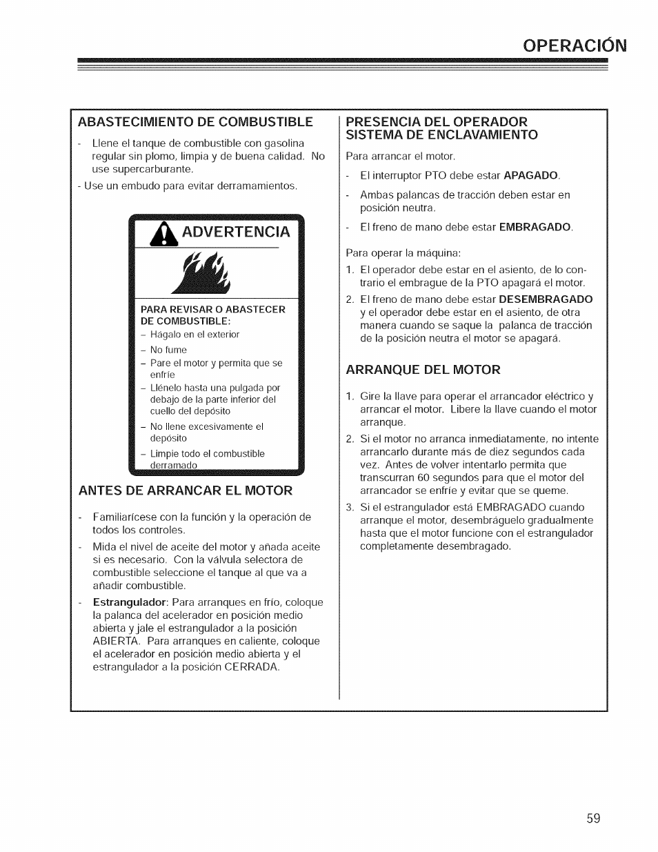 Abastecimiento de combustible, Antes de arrancar el motor, Presencia del operador sistema de enclavamiento | Arranque del motor, Operación | Craftsman 127.28876 User Manual | Page 61 / 77