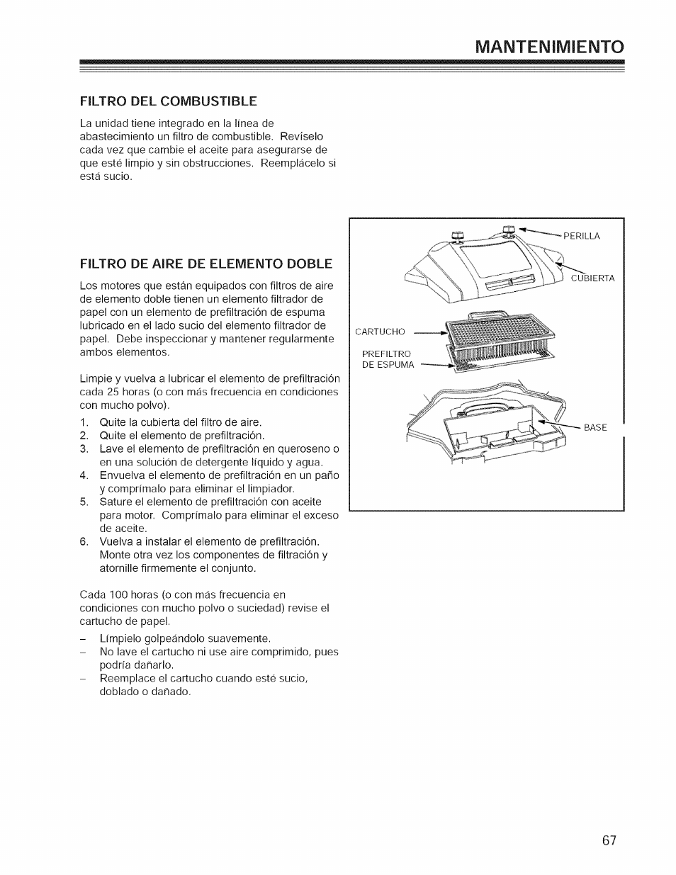 Filtro del combustible, Filtro de aire de elemento doble, Manteimilviieimto | Craftsman 127.28876 User Manual | Page 69 / 77