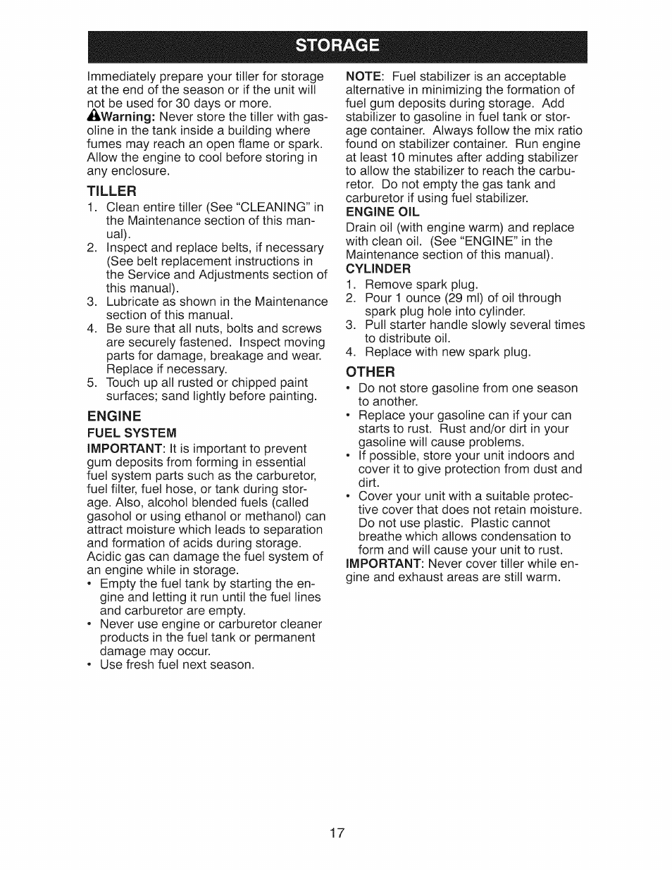 Storage, Tiller, Engine oil | Other | Craftsman 917.299210 User Manual | Page 17 / 48
