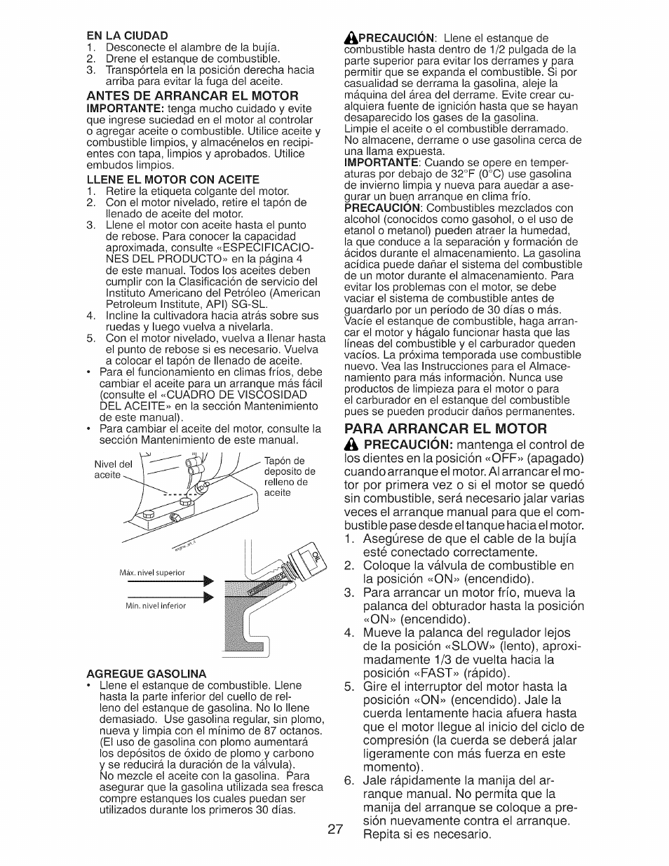 Para arrancar el motor | Craftsman 917.299210 User Manual | Page 27 / 48