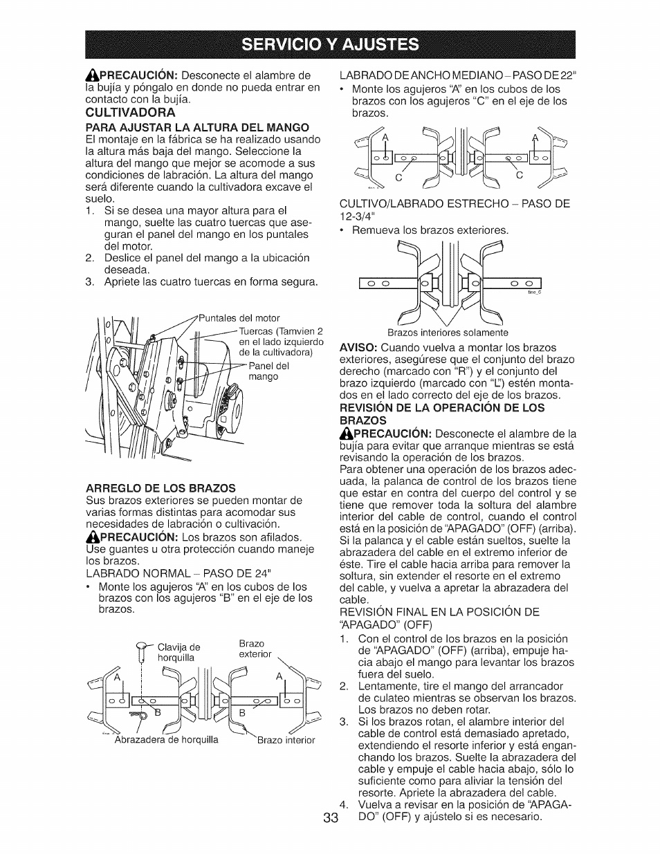 Servicio y ajustes, Cultivadora | Craftsman 917.299210 User Manual | Page 33 / 48