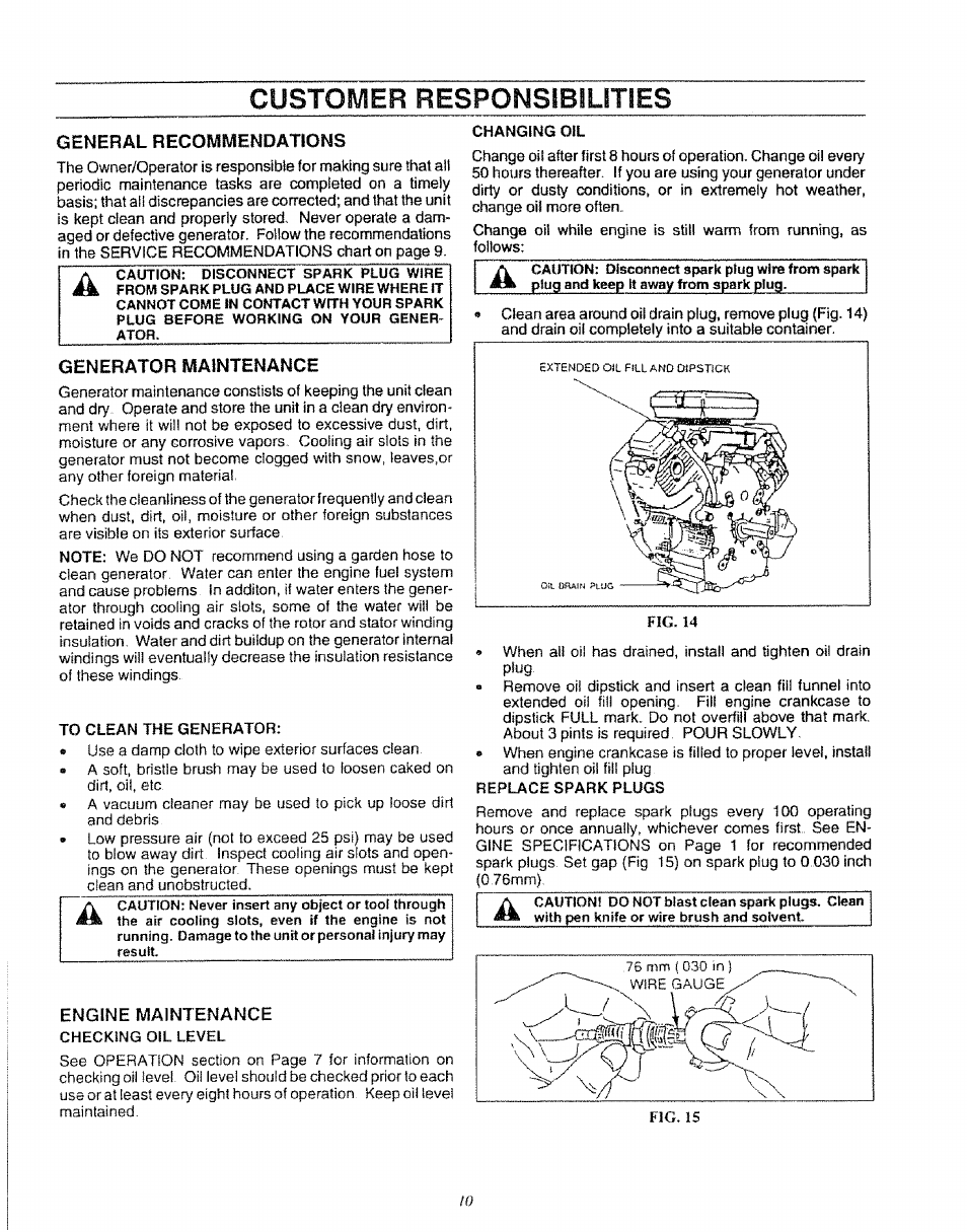 General recommendations, Engine maintenance, Generator maintenance | Customer responsibilities | Craftsman 580.327071 User Manual | Page 12 / 28