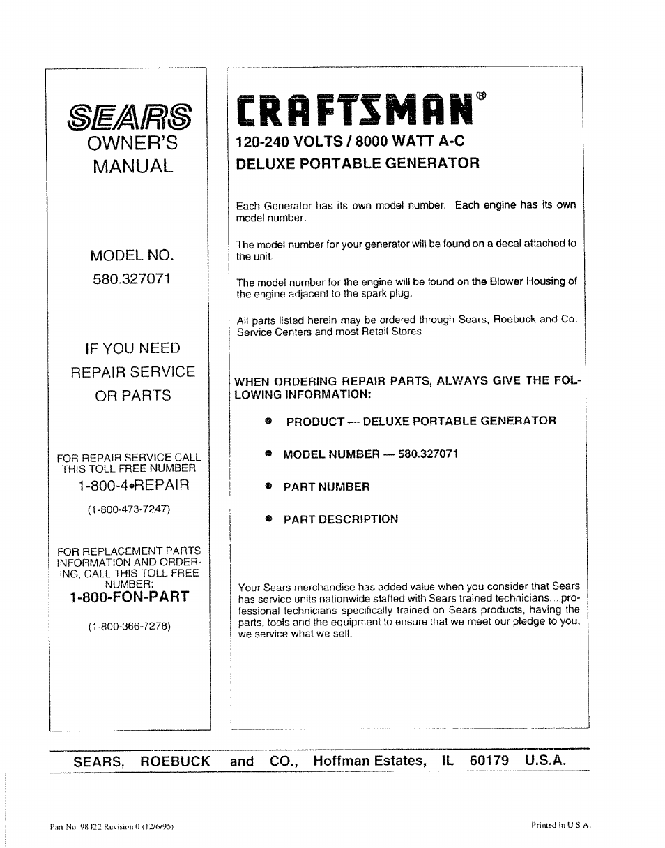 Be/airb, Craftsman, Owner’s | Manual | Craftsman 580.327071 User Manual | Page 28 / 28