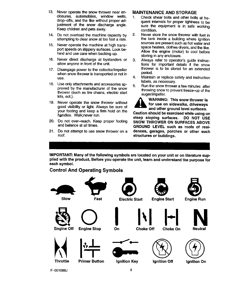 Maintenance and storage, Control and operating symbols, O i hi h n | Craftsman 536.886260 User Manual | Page 4 / 54