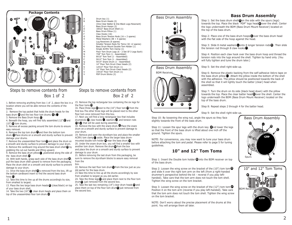 Optional rack system, Rack accessories, Optional hardware | Steps to remove contents from box 1 of 2, Steps to remove contents from box 2 of 2, Bass drum assembly 10" and 12" tom toms | Pacific Drums & Percussion X7 SERIES User Manual | Page 2 / 5