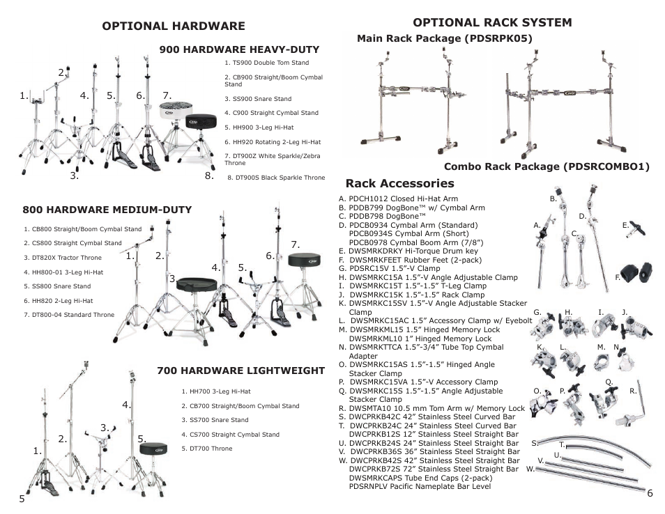 Optional rack system, Rack accessories, Optional hardware | Steps to remove contents from box 1 of 2, Steps to remove contents from box 2 of 2, Bass drum assembly 10" and 12" tom toms | Pacific Drums & Percussion X7 SERIES User Manual | Page 4 / 5