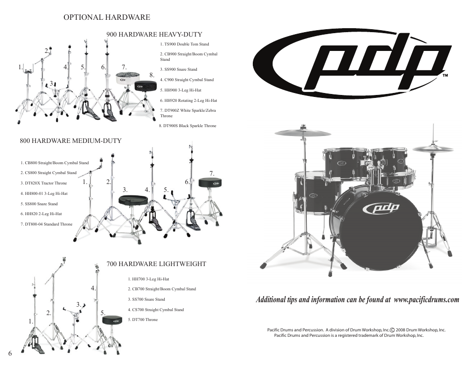 Z5 series drum set, Assembly and set-up guide 1-year limited warranty, Optional hardware | Pacific Drums & Percussion Z5 SERIES User Manual | Page 4 / 4