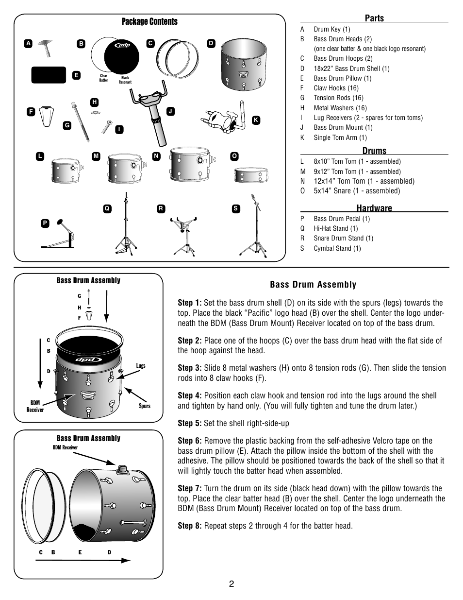 Package contents, Parts, Drums | Hardware, 2bass drum assembly, Bass drum assembly | Pacific Drums & Percussion FS SERIES User Manual | Page 2 / 4