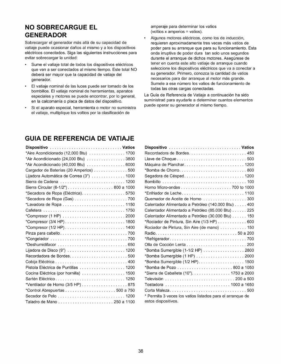 No sobrecargue el generador, Guia de referencia de vatiaje | Craftsman 580.327141 User Manual | Page 38 / 48