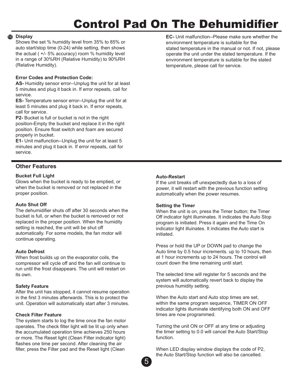 Control pad on the dehumidifier | Perfect Aire PAD70 User Manual | Page 6 / 13