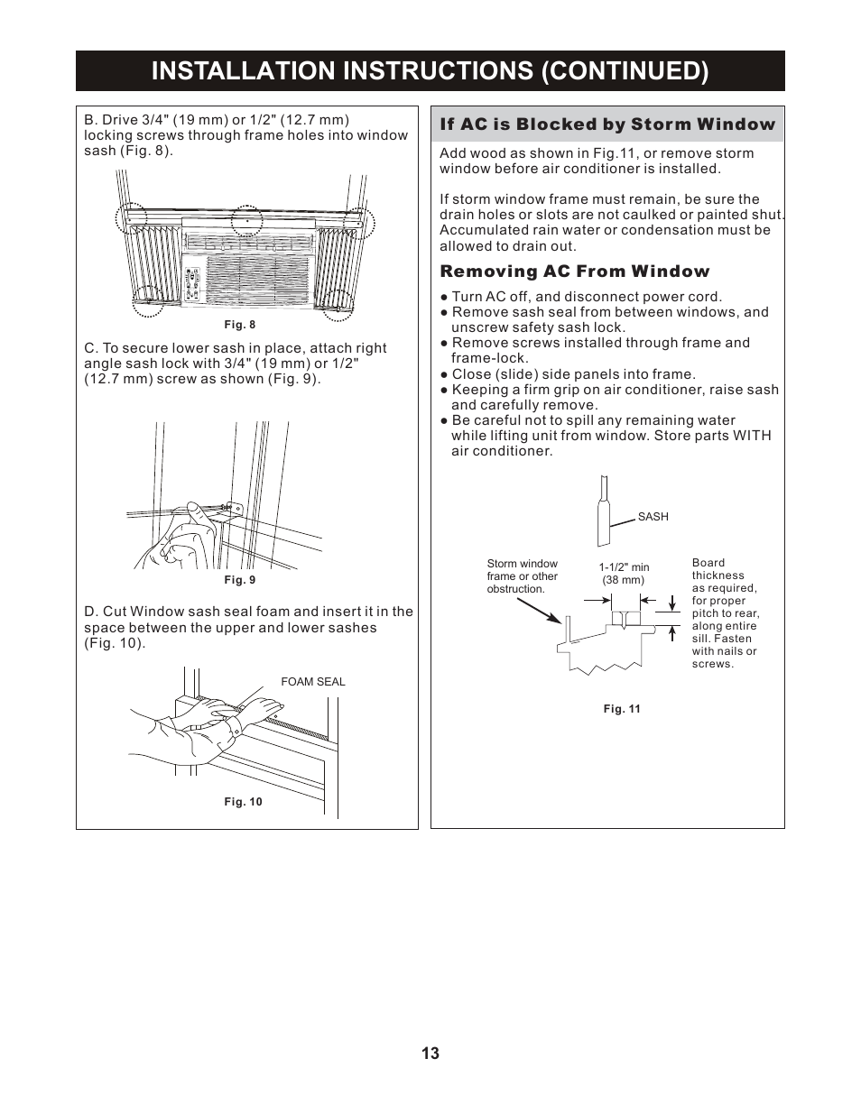Installation instructions (continued), If ac is blocked by storm window, Removing ac from window | Perfect Aire PNC12000 User Manual | Page 14 / 17