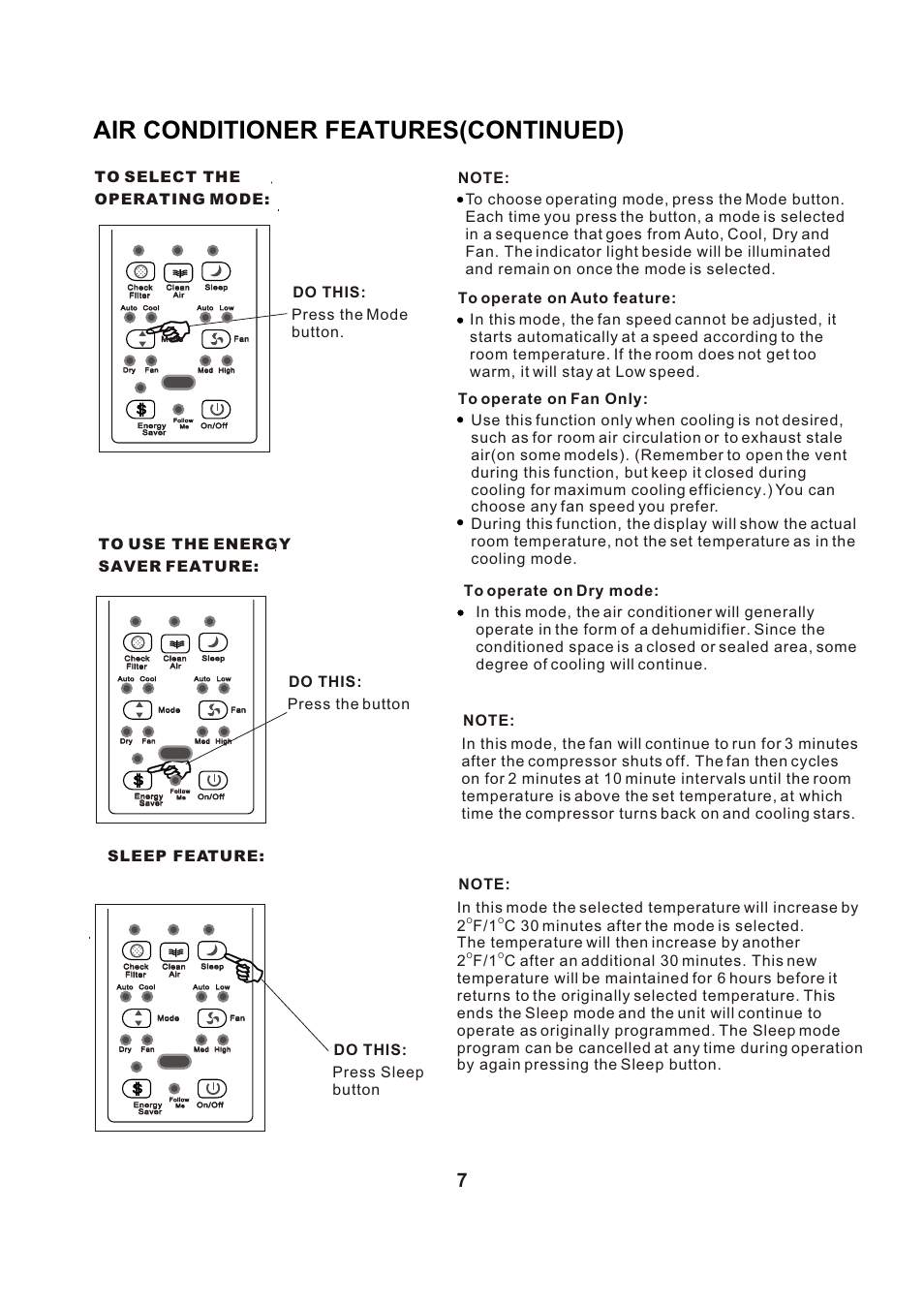 Т³гж 8, Air conditioner features(continued), 2 f/1 c | Perfect Aire PAC8000 User Manual | Page 8 / 18