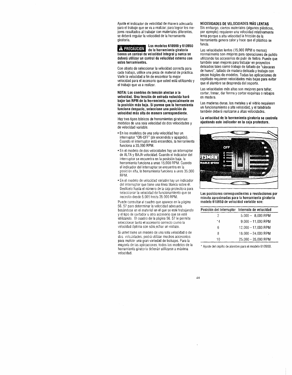 Cuando agarre la herramienta, tenga cuidada de no, A advertencia, Use anteojos de protección | A precaucion | Craftsman 572.61095 User Manual | Page 44 / 59