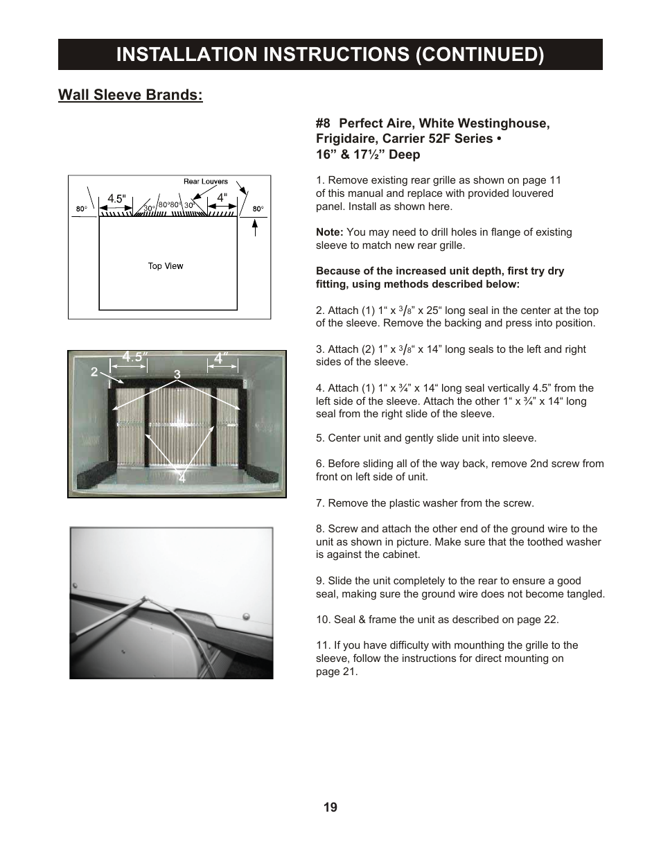 Installation instructions (continued), Wall sleeve brands | Perfect Aire PATWH14002 User Manual | Page 20 / 26