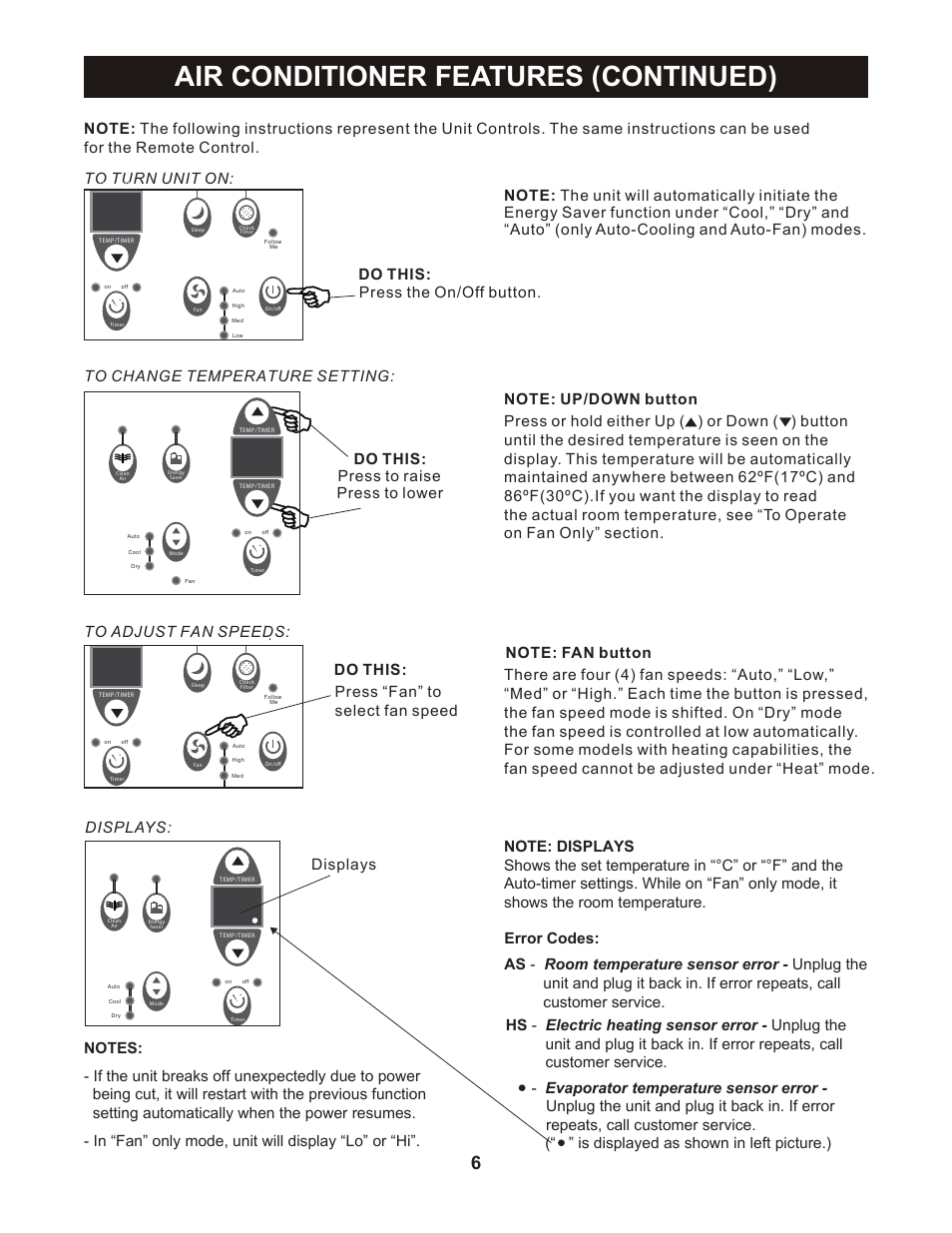 Air conditioner features (continued), Displays: displays | Perfect Aire PATWH14002 User Manual | Page 7 / 26