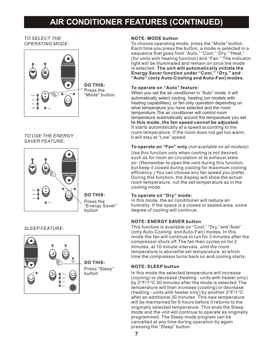 Air conditioner features (continued) | Perfect Aire PATWH14002 User Manual | Page 8 / 26