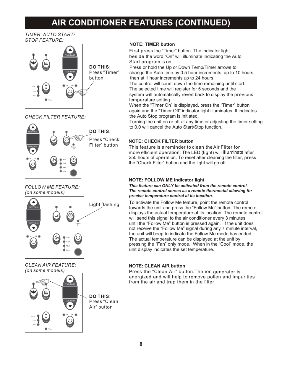 Air conditioner features (continued), Press “clean air” button do this | Perfect Aire PATWH14002 User Manual | Page 9 / 26